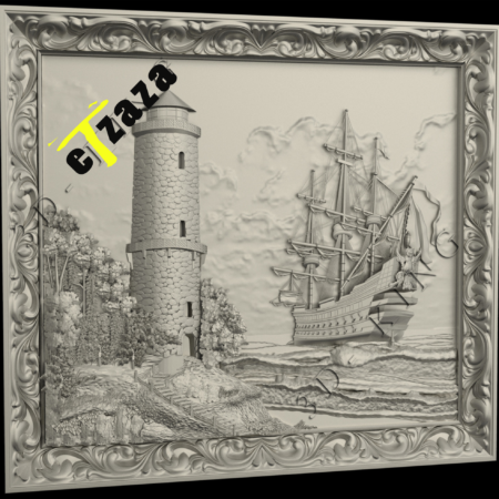 3D X STL 3D Model Panel Relief Ship & Lighthouse for CNC Router Aspire Artcam 3D Printer Engraver 3D Design Instant Download Digital Product